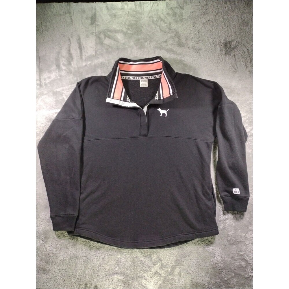 Victorias Secret Pullover Sweater Women Large Black Cotton Quarter Snap Dog Logo